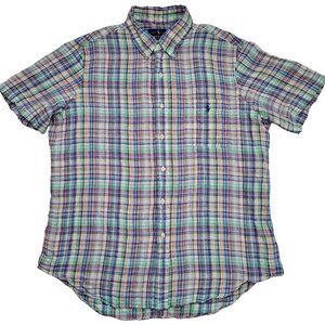 Polo Ralph Lauren Plaid Short Sleeve Shirt Button Down Linen Large Preppy